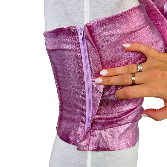 Hutch NWT Tessa Metallic Pink Flower Accent One Shoulder Smocked Back Top - Picture 8 of 15